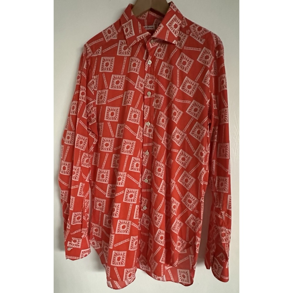 Kiton Napoli Shirt Men 16.5 Orange Geometric Sunburst Hand Tailored Italy L READ - Picture 9 of 11